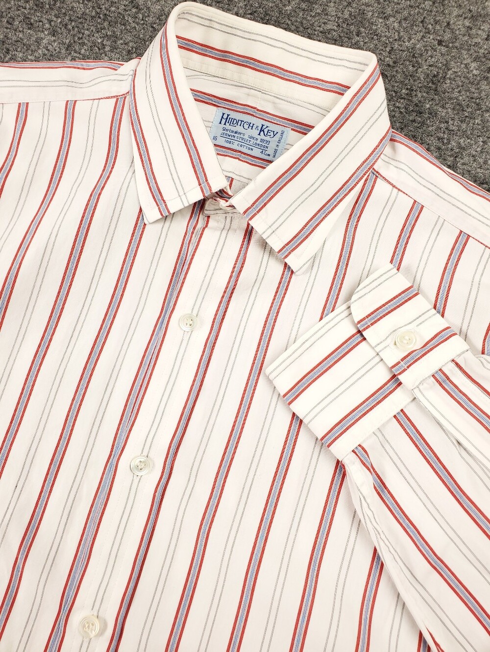 Hilditch & Key Multi Stripe Dress Shirt 16 Red Blue White Button Up England